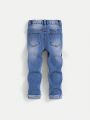 SHEIN Young Boy's High-Stretch Slim Fit Comfortable Casual Elastic Waistband New Fashion Water Washed Jeans
