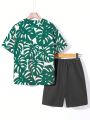 SHEIN Kids SUNSHNE Boys' Casual Plant Leaf Printed Collar Short Sleeve Shirt And Solid Color Shorts Woven Set, Summer Vacation