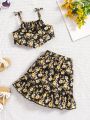 Baby Girl Romantic Little Floral Print Strap Top And Skirt Set
