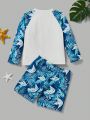 SHEIN Young Boys' Loose Fit Casual Swimsuit Set With Letter & Plant Pattern, 3pcs