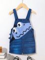 SHEIN Kids QTFun 1pc Toddler Boys' Cute Cartoon Crocodile & Denim Pattern Romper With Loose Shorts, Suitable For School, Street, Party, Daily Wear, Spring And Summer