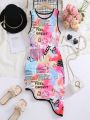 SHEIN Kids EVRYDAY Tween Girls' Asymmetric Hem Floral Print Dress For Summer