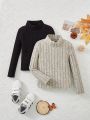 SHEIN Kids EVRYDAY Toddler Girls' Knitted Solid Color Stand Collar Casual T-shirt 2pcs/set