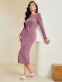 Solid Color False Two-piece Hollow Out Knitted Dress With Knot Detail