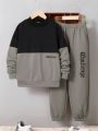 SHEIN Tween Boys' Casual Letter Print Splicing Color Round Neck Sweatshirt And Elasticized Cuff Pants Set