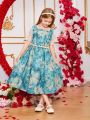 SHEIN Kids KDOMO Tween Girls' Floral Printed Mesh Patchwork Dress