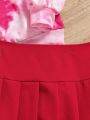 SHEIN Kids Y2Kool Girls' Sweet And Cool Daily Round-Neck Knitted Sweatshirt With Ruffle Hem Heart Print Red Skirt Set