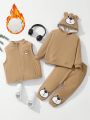 SHEIN Kids QTFun 3pcs/set Cartoon Bear Pattern Fleece-lined Hoodie, Sweatpants, And Sleeveless Jacket For Comfortable Toddler Boys