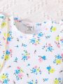 Baby Girl Summer Short Sleeve T-Shirt With Flower Embroidery And Overalls Shorts Set
