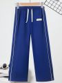 Tween Boy Letter Patched Contrast Piping Drawstring Waist Wide Leg Pants