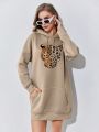 Leopard Print Kangaroo Pocket Drop Shoulder Drawstring Hoodie Dress