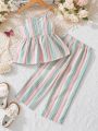 SHEIN Kids EVRYDAY Young Girls' Casual Multicolor Striped 2pcs Outfit