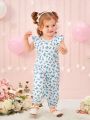 Baby Girls' Bowknot Print Flying Sleeve Jumpsuit With Bow Detail