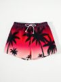 SHEIN Young Boys' Leisure Holiday Coconut Tree Pattern Square Leg Swim Trunks