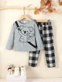 SHEIN Kids EVRYDAY Toddler Boys' College Style Bear Printed Long Sleeve Outfit For Spring And Autumn