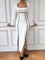 SHEIN Privé Square-neckline With Contrast Trim Detail, High Side Split, Slim Fit Long Sleeve Flared Hem Dress