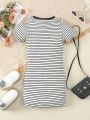 SHEIN Kids EVRYDAY Toddler Girls' Casual Comfortable Striped Ribbed Knit Sweater Dress With Heart Embroidery