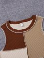 SHEIN Female Teenagers' Knitted Ribbed Color Block Crew Neck Casual Tank Top