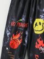 SHEIN Kids HYPEME Tween Boys Street Style Tie-Dye Print Baggy Sweatpants With Basketball, Expression & Letter Pattern