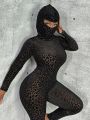SHEIN Slayr Women's Leopard Mesh Hooded Bodysuit Jumpsuit