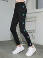 SHEIN Kids EVRYDAY Big Girls' Knitted Solid Color Skinny Leggings With Star Pattern For Casual Wear