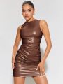 SHEIN BAE Ruched PU Leather Bodycon Dress