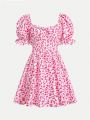 SHEIN Teen Girls' Woven Floral Print Bubble Long Sleeve Back Bow Casual Dress