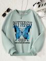 Tween Girl Butterfly & Slogan Printed Fleece Lined Round Neck Sweatshirt, Winter