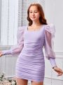 Teen Girl Square Neck Contrast Mesh Puff Sleeve Ruched Dress