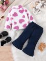 Baby Girls' Zip-up Teddy Jacket And Denim Effect Pants Set With Heart Pattern