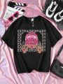 Teen Girls' Fashionable Casual T-Shirt With Character And Letter Print
