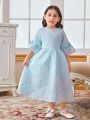 SHEIN Kids FANZEY Young Girl's Short Sleeve Embossed Ladylike Party Dress With Floral Print, Summer