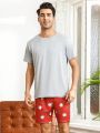 Men'S Solid Color Top And Letter Print Shorts Homewear Set