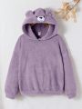 SHEIN Teen Girls' Teddy Embroidered Hoodie With Bear Pattern