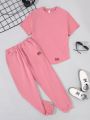 SHEIN Kids EVRYDAY Boys' Loose Fit Casual Round Neck Short Sleeve T-Shirt And Jogger Pants Set