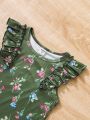 SHEIN Kids SUNSHNE Young Girls' Floral Printed T-Shirt With Short Flare Sleeves And Multiple Pieces, Suitable For Vacation Style