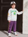 SHEIN Kids EVRYDAY Toddler Boys' Casual Round Neck Sweatshirt With Printed Pattern And Knitted Pants With Side Contrast Stripe Detail