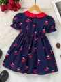 SHEIN Kids Nujoom Little Girls' Cherry Print Color Block Dress With Doll Collar And Short Puff Sleeves