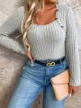 Plus Size Ribbed Knit Long Sleeve Bodysuit With Button Embellishment