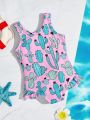 SHEIN Baby Girls' Cactus Printed Ruffle One-Piece Swimsuit