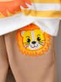 Baby Boy'S Little Lion Print Sweatshirt And Lion Embroidered Trousers Suit, Spring And Autumn, Comfortable, Cute, Sporty, Simple And Outdoor