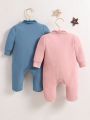 SHEIN 2pcs Baby Boys' Polo Collar Zipper Closure Footed Jumpsuit Home Wear