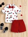 SHEIN Kids EVRYDAY Little Boys' Alphabet & Heart Print Shirt With Bowtie And Shorts Set