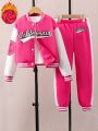 Tween Girl Letter Graphic Two Tone Varsity Jacket & Sweatpants Without Tee