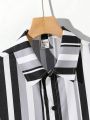SHEIN Kids EVRYDAY Tween Boy'S Casual Loose Woven Shirt With Lapel And Front Opening Striped And Printed Pattern