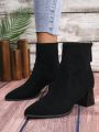 Ladies’ European And American Vintage Street Style Black Flocked High Heel Ankle Boots
