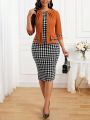 SHEIN Lady Women's Belted Jacket With Front Open And Sleeveless Houndstooth Pattern Dress Set