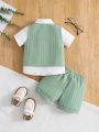3pcs/Set Baby Boys' Gentleman Party Bow Tie Vest, Shirt And Shorts Outfits