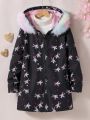 SHEIN Kids FANZEY Tween Girl Unicorn Print Fuzzy Trim Hooded Thermal Lined Coat Without Sweater