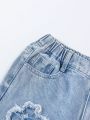 Girls' Fashionable & Comfortable Wide-leg Jeans With Flower Patchwork Embroidery For Street Chic Style